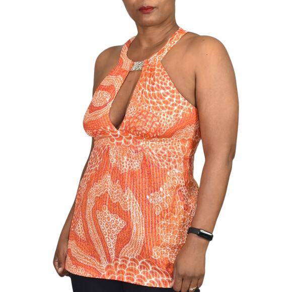 Trina Turk Halter Top Orange Metallic Tunic Keyhole Plunge Retro Y2K Size 6 - Picture 10 of 15